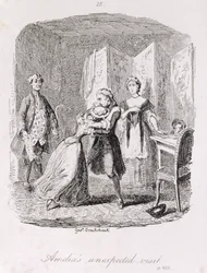Amelia váratlan látogatása, az "Amelia"-ból, a művész metszete, illusztráció a "The Works of Henry Fielding"-ből, kiadó: Henry G. Bohn, 1853.